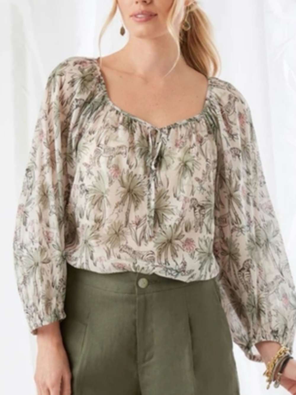Karen Kane 100% Cotton Peasant Blouse Whimsical Zebra Botanical Print L New!